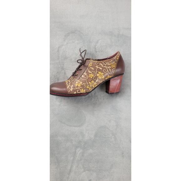 L'ARTISTE SPRING STEP OXFORD Lace Up EUR 41 Brown leather Floral Heel Shoes Zip - Picture 7 of 11